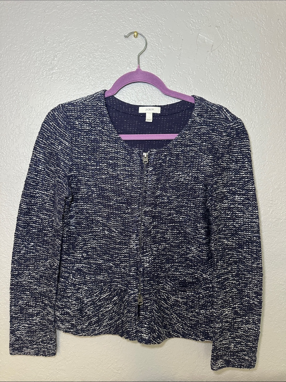 J. Crew Navy and White Marled Zip-Front Crewneck Sweater